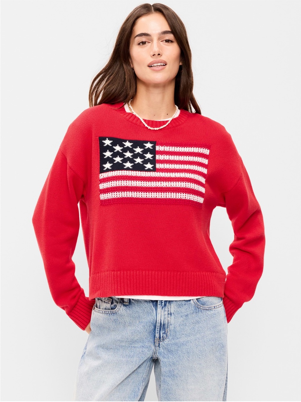Red Americana Knit Sweater - Women's Crewneck